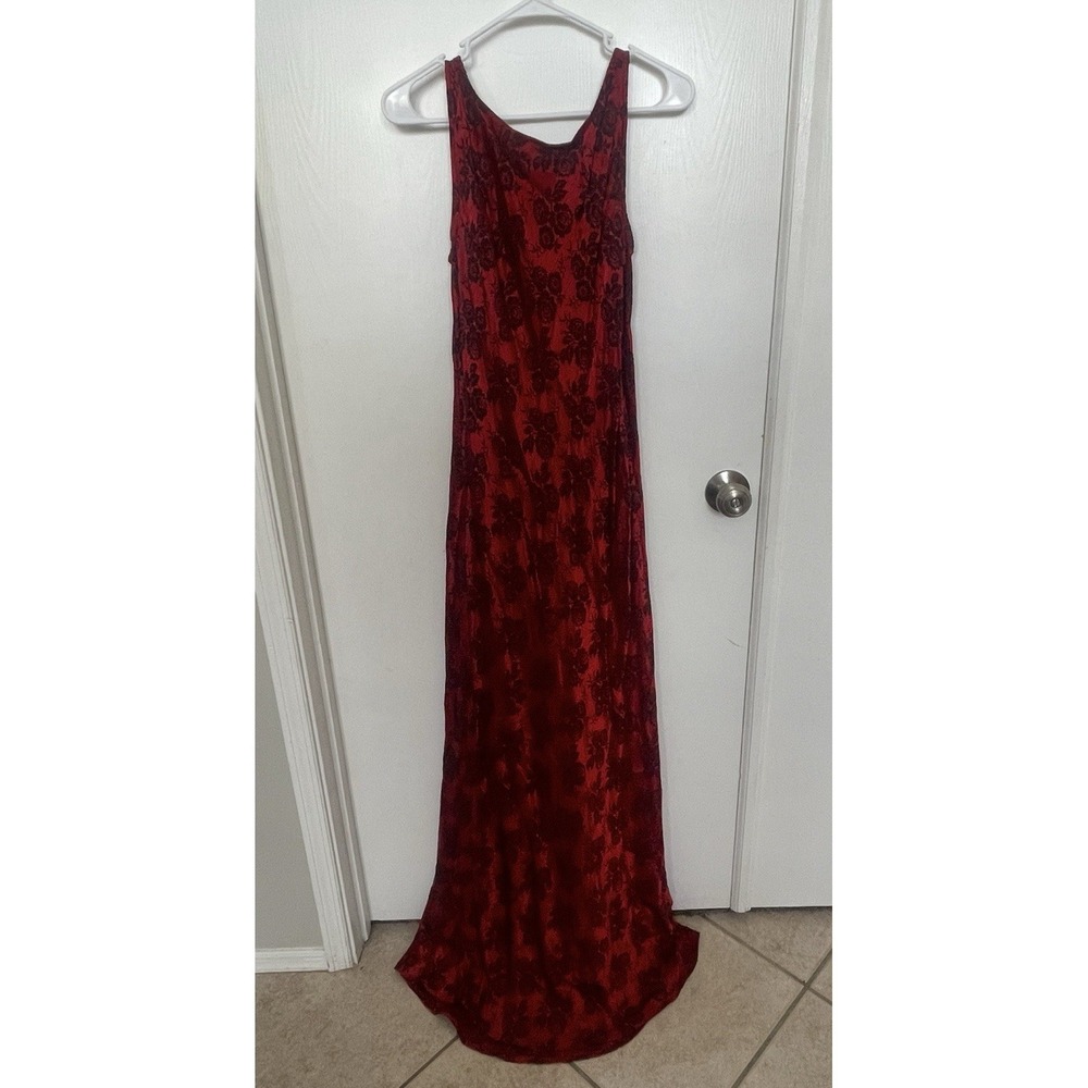 Vintage CDC Ruby Red Floral Jacquard Evening Column Gown Unique Chain Back